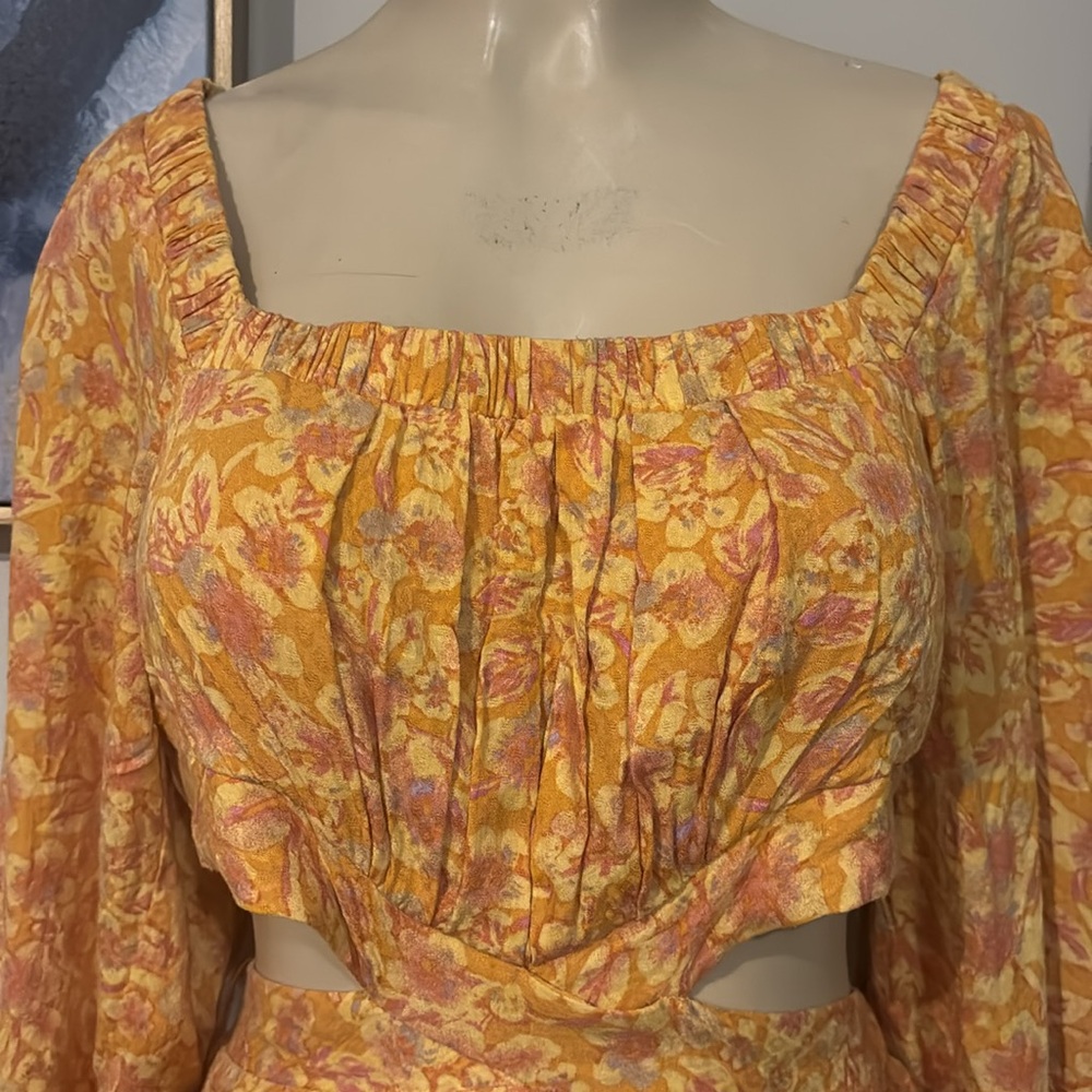 Free People Jael Cutout Mini Dress Golden Yellow Motif Floral Long Sleeve size M - Picture 8 of 11
